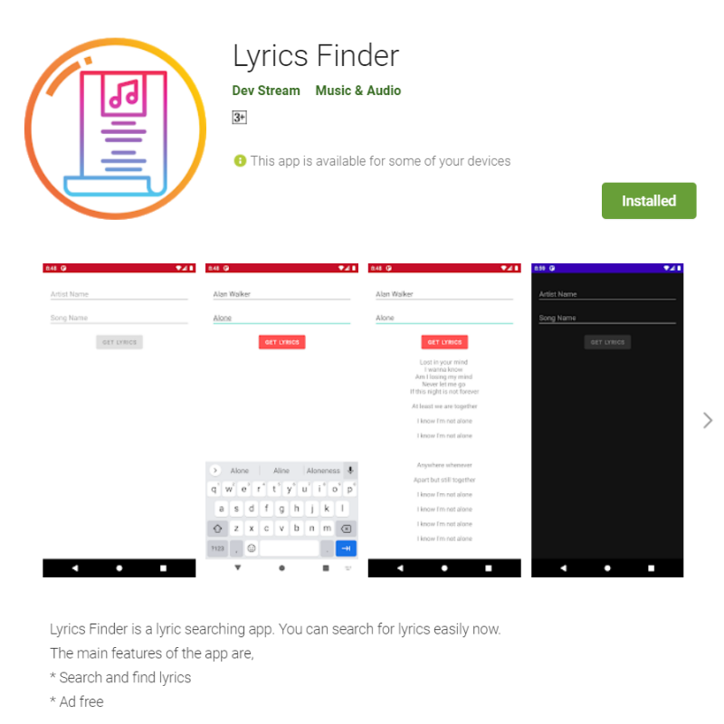 Screenshot of Lyrics Finder app.